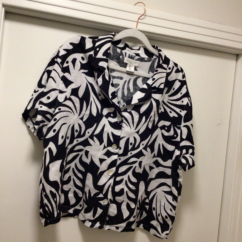 Womens Rachel Zoe 100% Linen Black and White Tropical Button Up Shirt